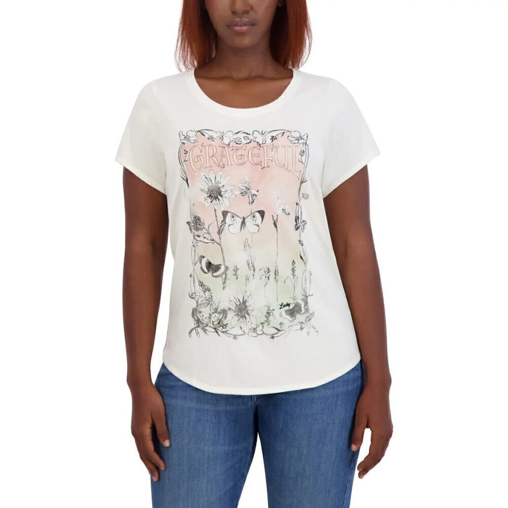 Lucky Brand Tshirt Womens Medium Graphic Tee Grateful Butterflies Short Sleeves
